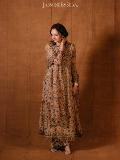 Ajrakh hand dyed hand block printed kota silk jacket set with cut bead handwork