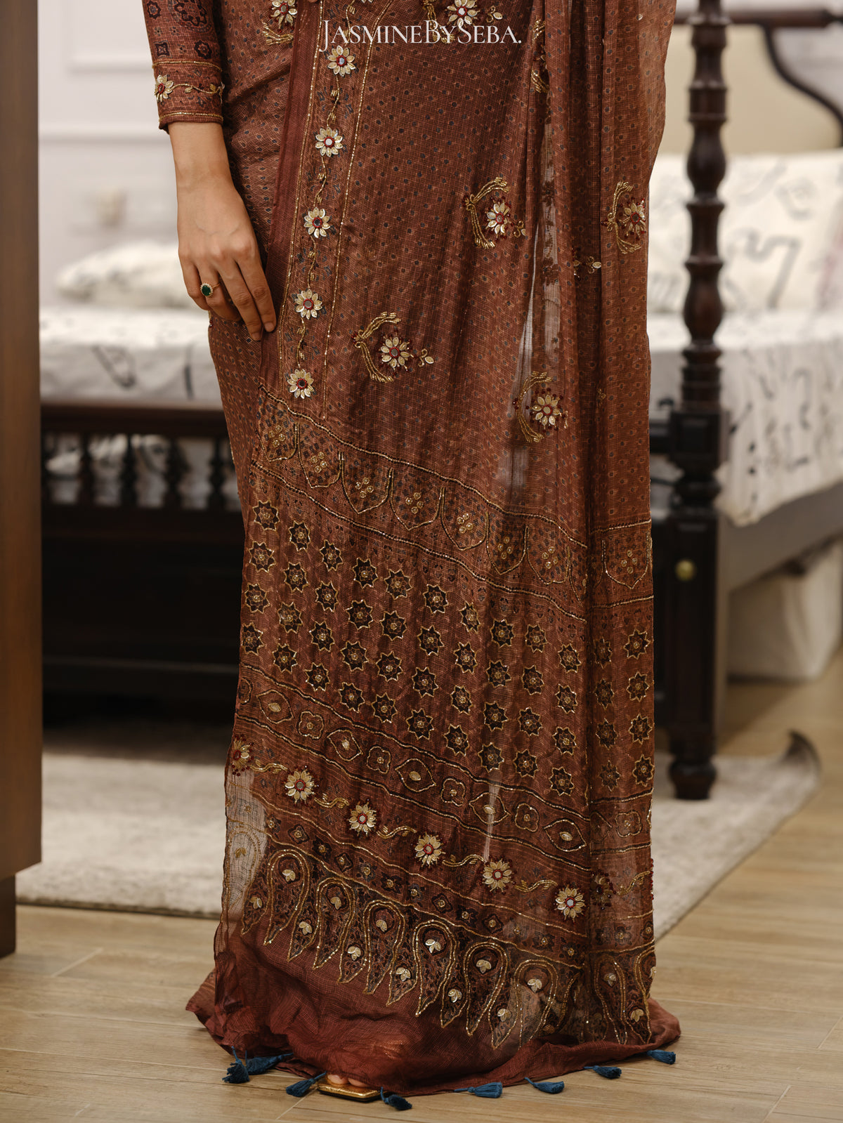 Ajrakh pure kota silk hand dyed, hand block printed and handworked saree