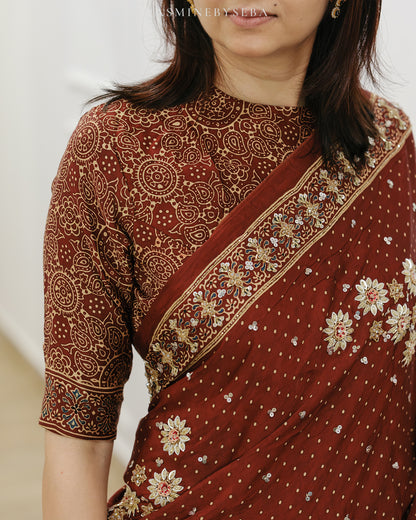 Ajrakh pure modal silk hand dyed, hand block printed and handworked saree