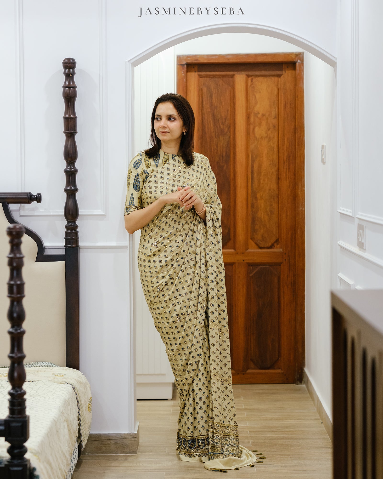 Ajrakh pure handloom gajji silk hand dyed, hand block printed and handworked saree