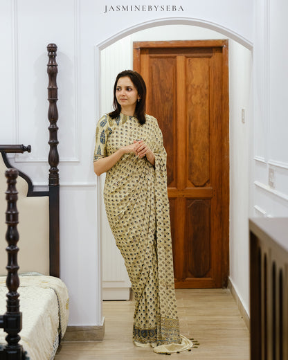 Ajrakh pure handloom gajji silk hand dyed, hand block printed and handworked saree