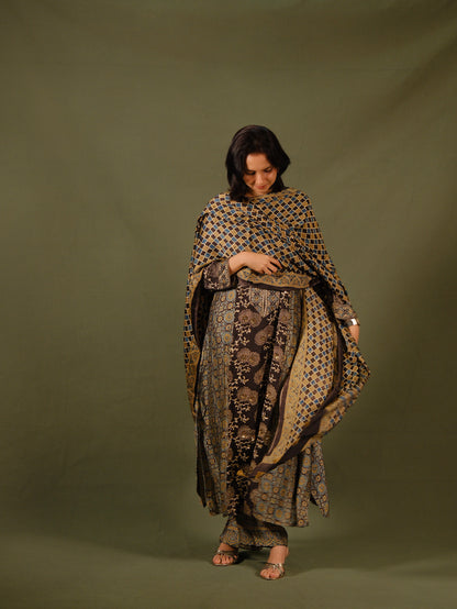 Ajrakh hand dyed hand block printed modal silk panel cut salwar set with cut bead handwork