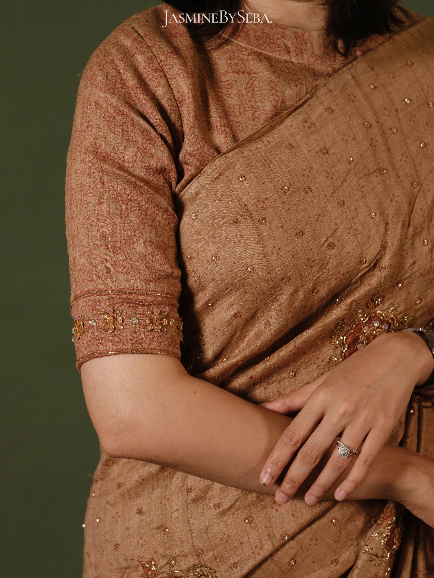 Ajrakh pure handloom tussar silk hand dyed, hand block printed and handworked saree