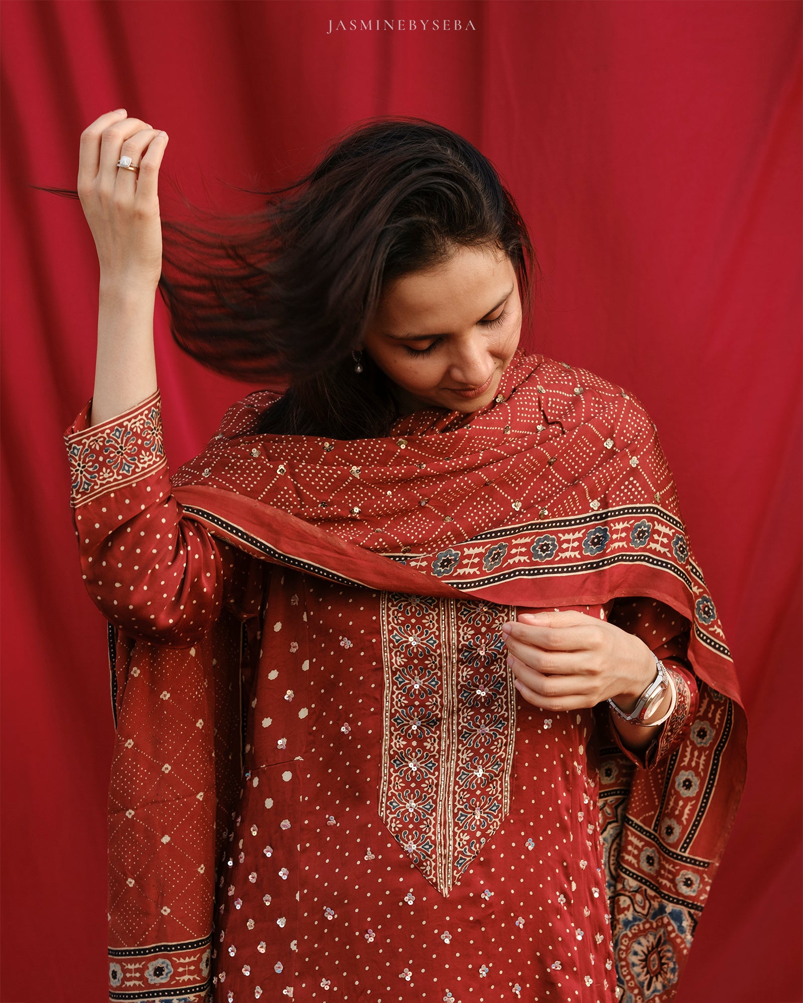 Ajrakh hand dyed hand block printed modal silk panel cut salwar set with cut bead handwork