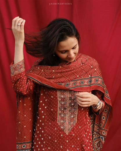 Ajrakh hand dyed hand block printed modal silk panel cut salwar set with cut bead handwork