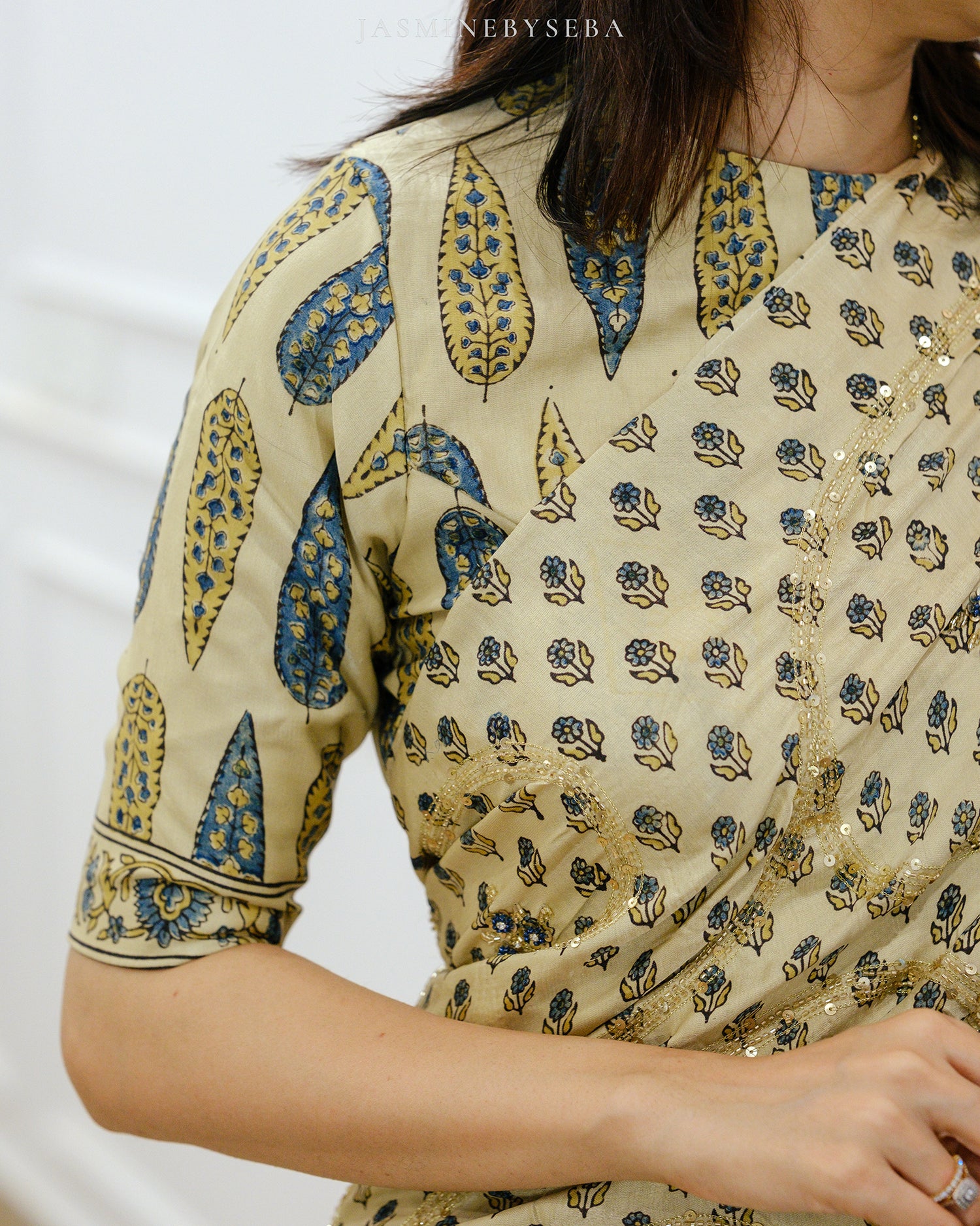 Ajrakh pure handloom gajji silk hand dyed, hand block printed and handworked saree