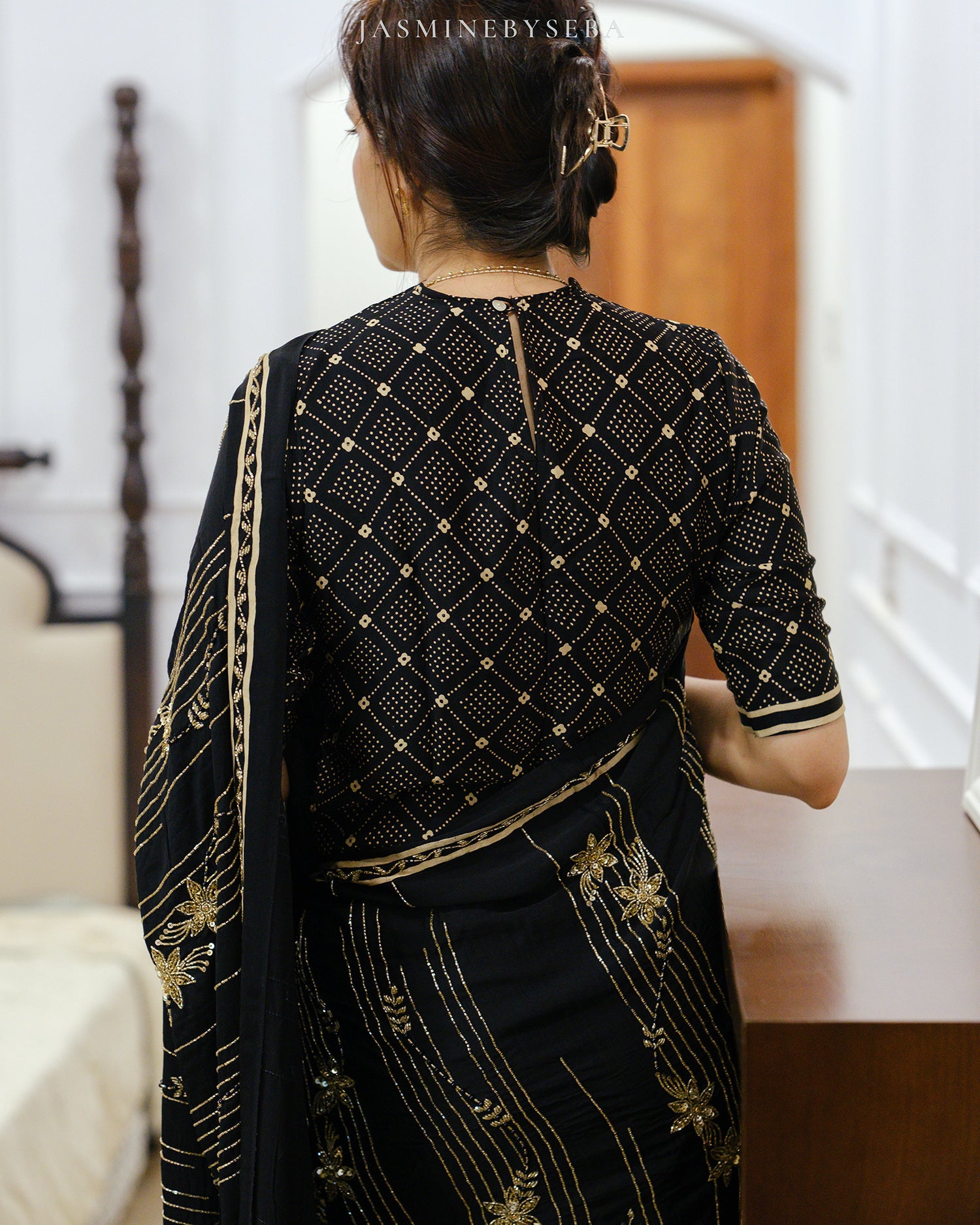 Ajrakh pure modal silk hand dyed, hand block printed and handworked saree