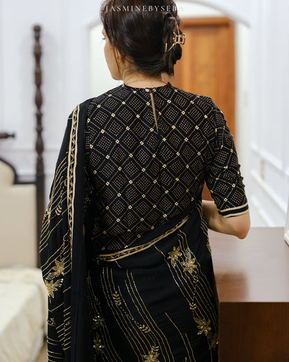 Ajrakh pure modal silk hand dyed, hand block printed and handworked saree