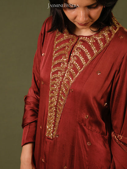 Ajrakh hand dyed hand block printed modal silk panel cut salwar set with cut bead handwork