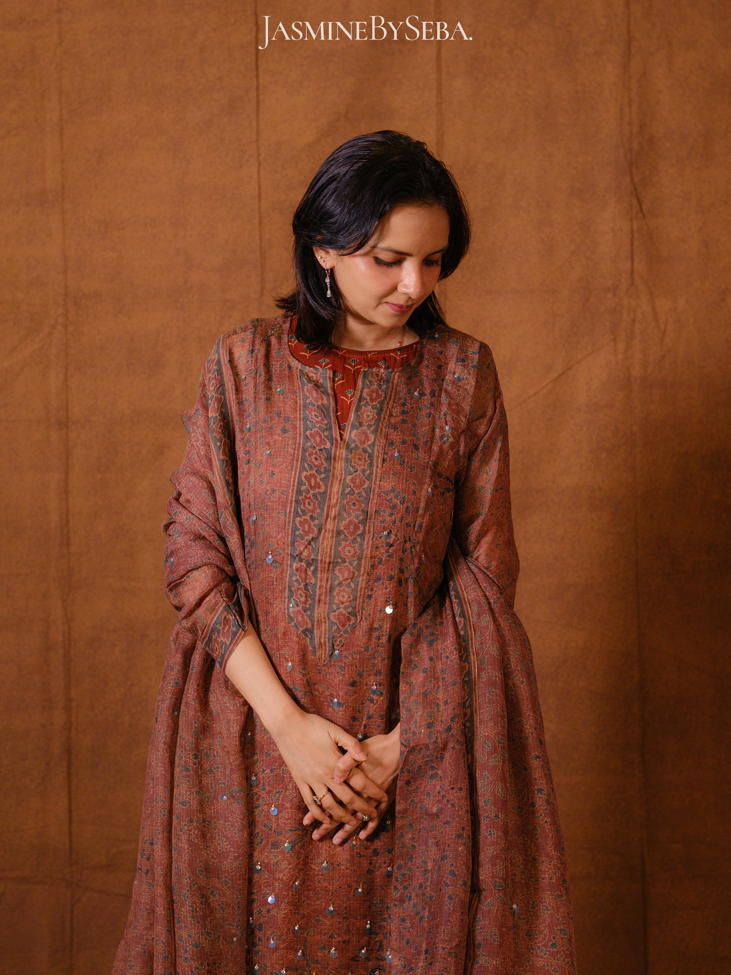Ajrakh hand dyed hand block printed kota silk jacket set with cut bead handwork