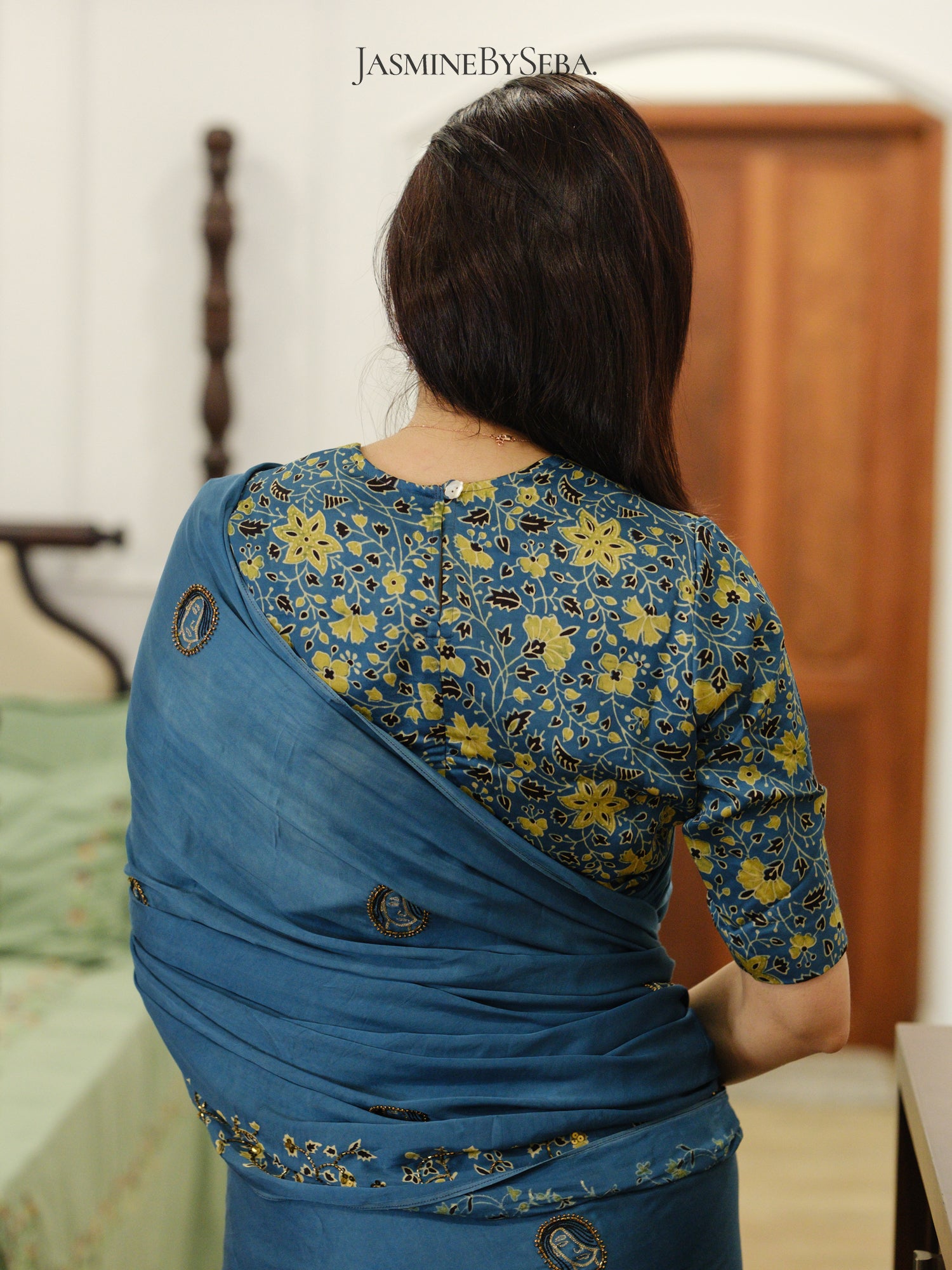 Bespoke ‘Jasmine’ hand printed Ajrakh pure modal silk hand dyed, hand block printed and handworked saree