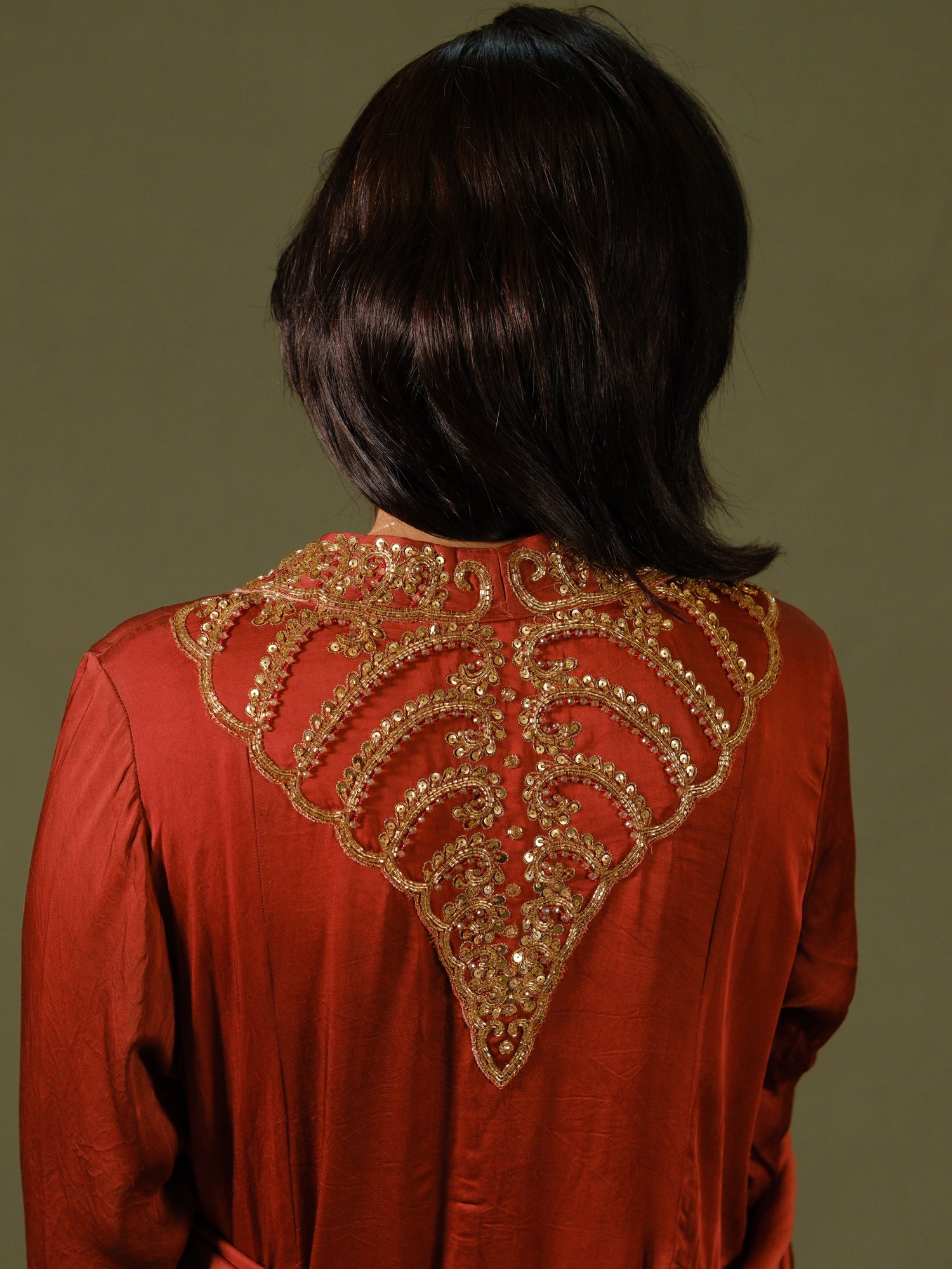 Ajrakh hand dyed hand block printed modal silk panel cut salwar set with cut bead handwork