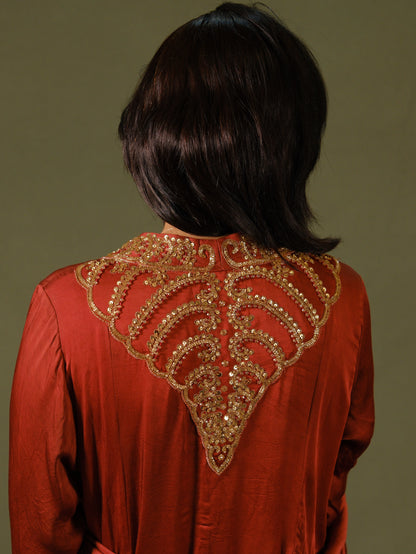 Ajrakh hand dyed hand block printed modal silk panel cut salwar set with cut bead handwork