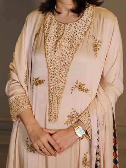Ajrakh hand dyed hand block printed modal silk panel cut salwar set with cut bead handwork