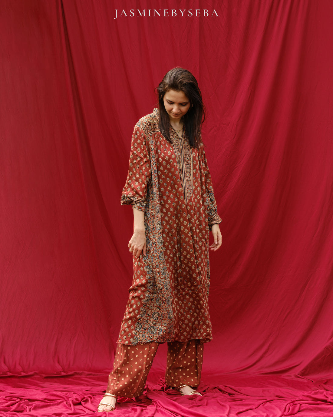 Ajrakh hand dyed hand block printed modal silk maxi dress