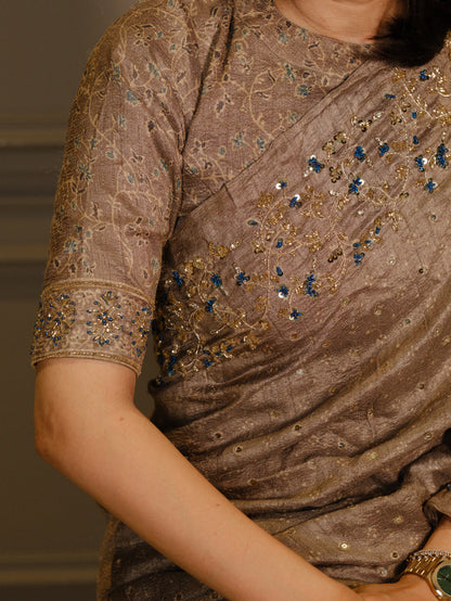 Ajrakh pure handloom tussar silk hand dyed, hand block printed and handembroideredsaree