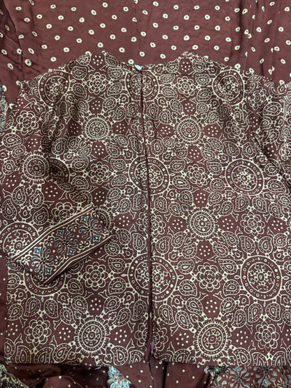 Ajrakh pure modal silk hand dyed, hand block printed and handworked saree