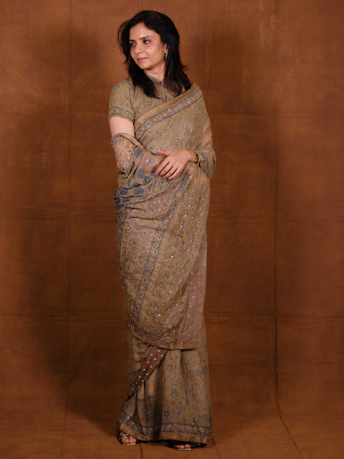Ajrakh pure kota silk hand dyed, hand block printed and handworked saree
