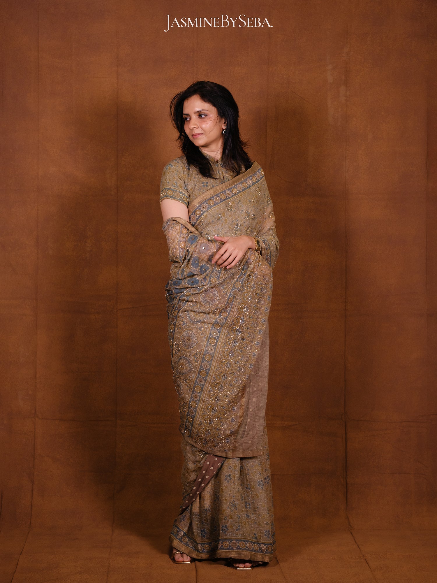 Ajrakh pure kota doria hand dyed, hand block printed and handworked saree