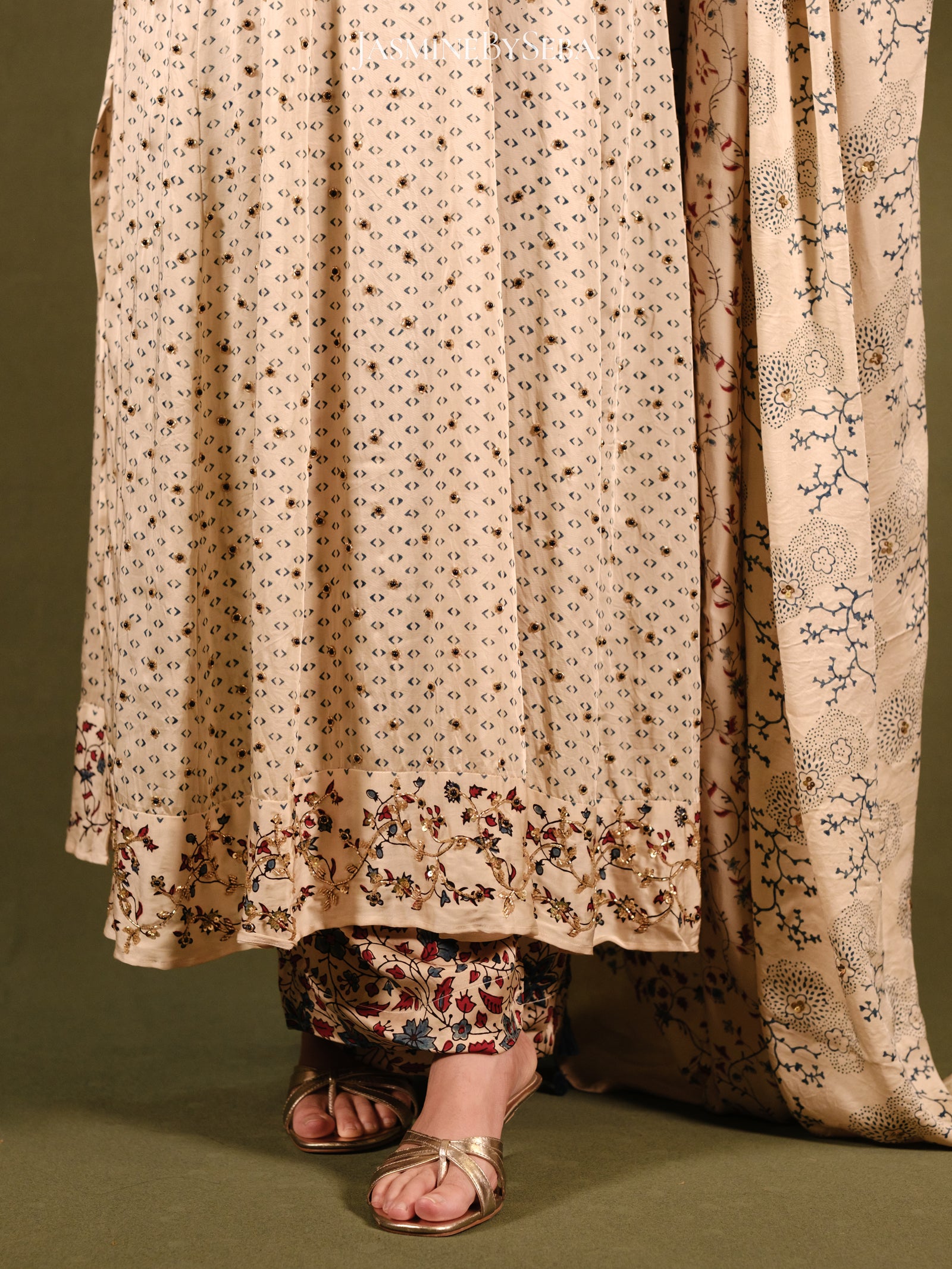 Ajrakh hand dyed hand block printed modal silk panel cut masakali set with cut bead handwork