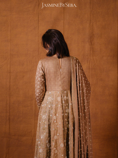 Custom made Ajrakh handcrafted handloom Tusshar silk bridal anarkali set with pure handloom gajji silk dupatta detailed out with hand embroidry