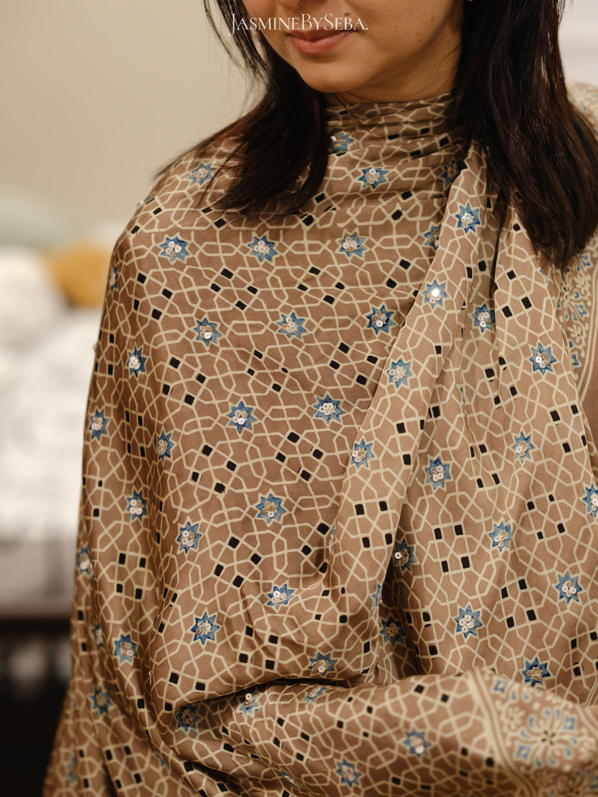 Ajrakh hand dyed hand block printed modal silk panel cut salwar set with cut bead handwork