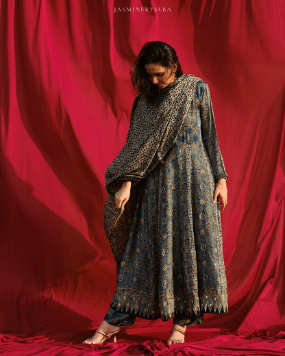 Ajrakh hand dyed hand block printed modal silk panel cut anarkali set with cut bead handwork