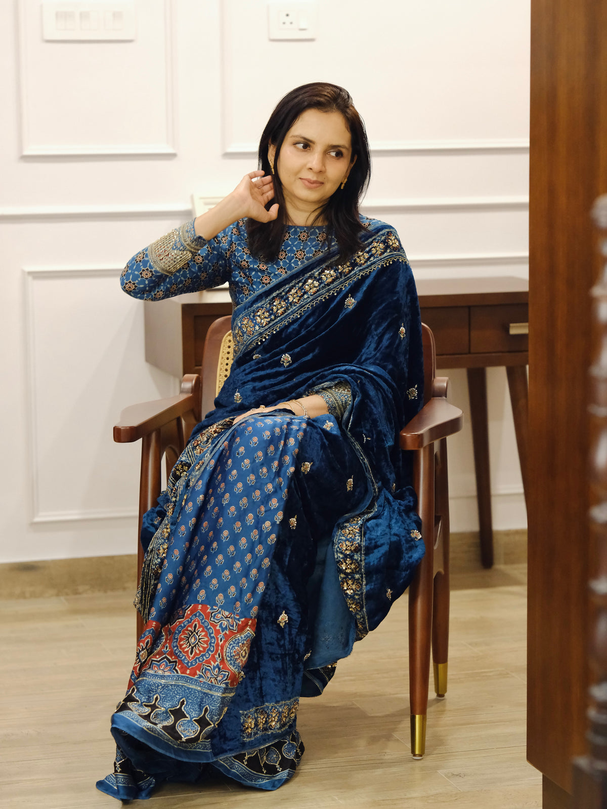 Ajrakh pure velvet silk hand dyed, hand block printed and handworked saree