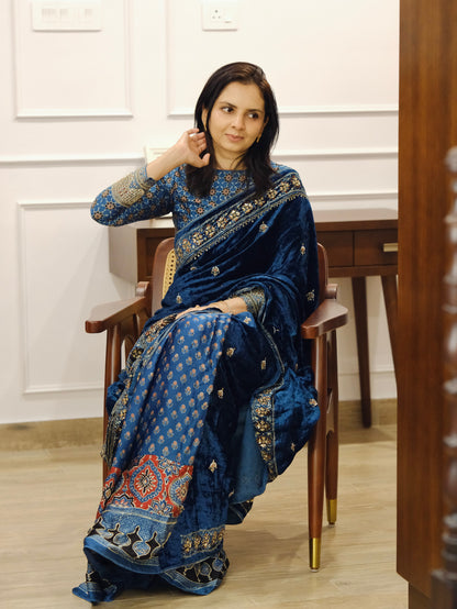 Ajrakh pure velvet silk hand dyed, hand block printed and handworked saree