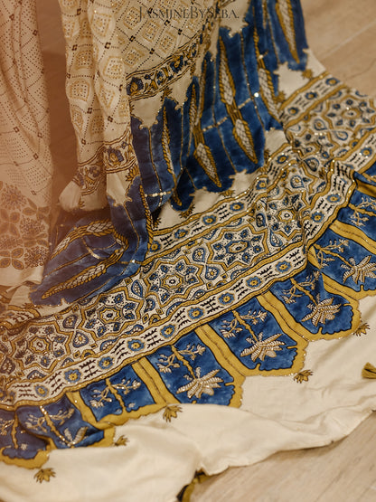 Ajrakh pure modal silk hand dyed, hand block printed and handworked saree