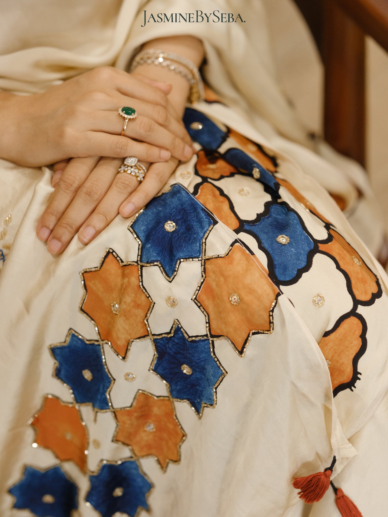 Bespoke ‘Jasmine’ hand printed 
Ajrakh pure modal silk hand dyed, hand block printed and handworked saree