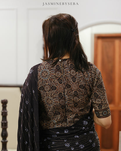 Ajrakh pure handloom gajji silk hand dyed, hand block printed and handworked saree