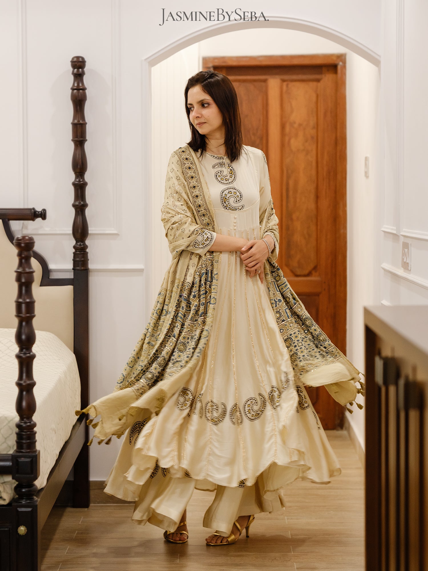 Custom made Ajrakh hand dyed hand block printed modal silk anarakali set with hand embroidry