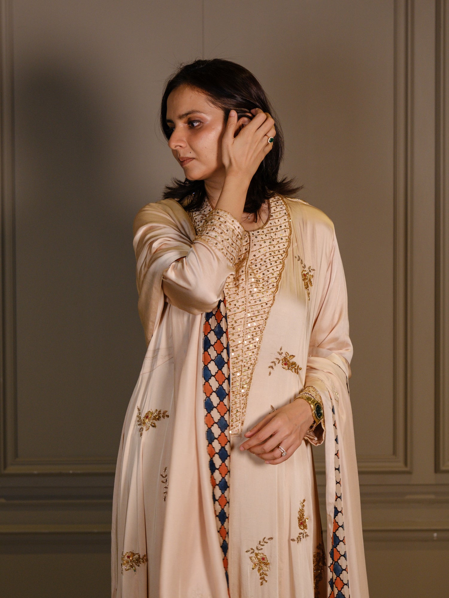 Ajrakh hand dyed hand block printed modal silk panel cut salwar set with cut bead handwork
