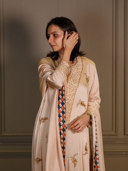 Ajrakh hand dyed hand block printed modal silk panel cut salwar set with cut bead handwork