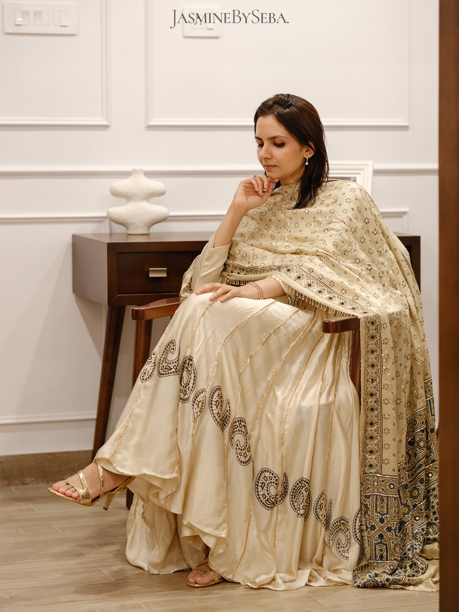 Custom made Ajrakh hand dyed hand block printed modal silk anarakali set with hand embroidry