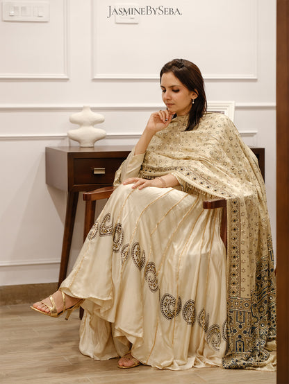 Custom made Ajrakh hand dyed hand block printed modal silk anarakali set with hand embroidry