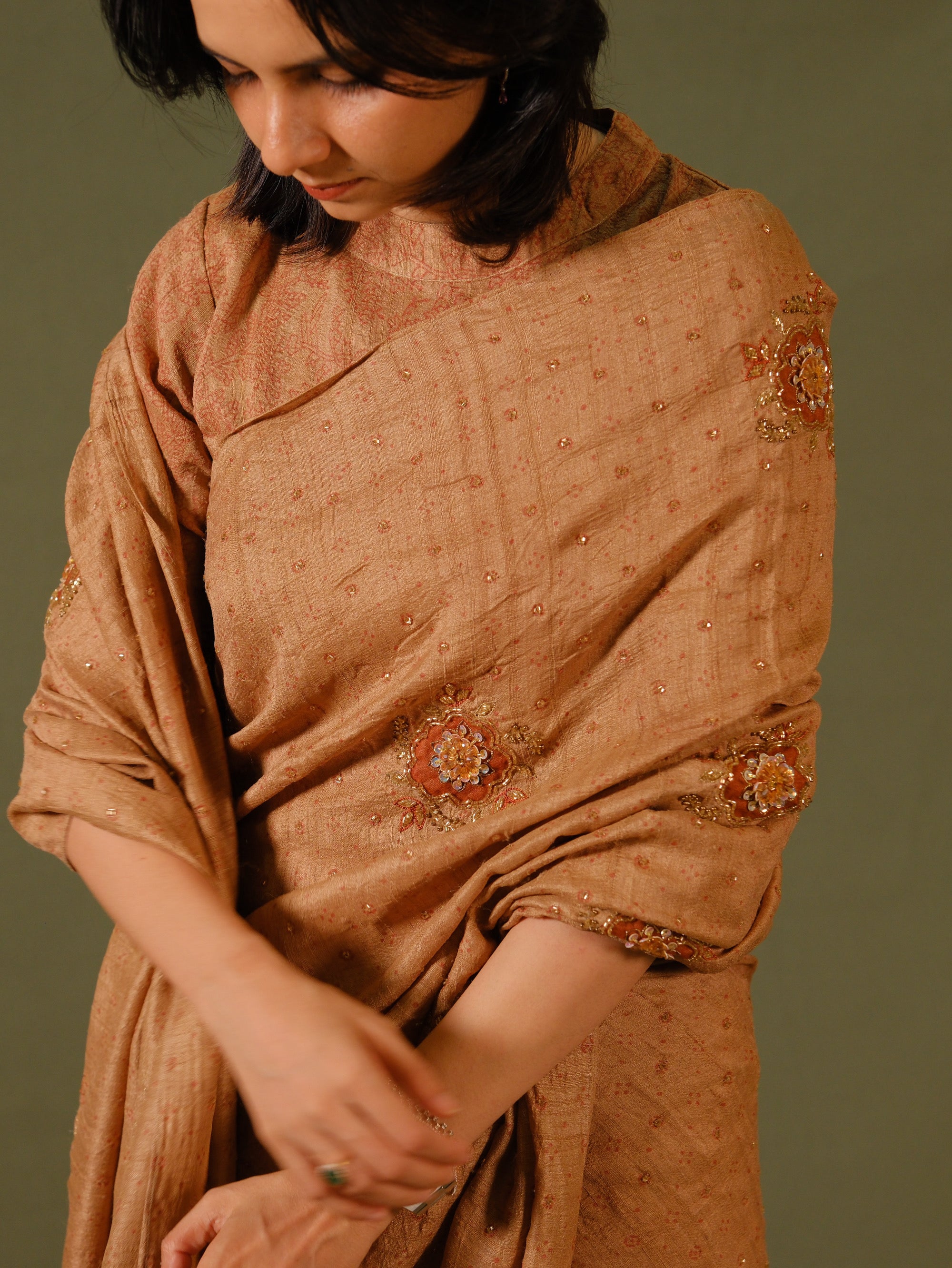 Ajrakh pure handloom tussar silk hand dyed, hand block printed and handworked saree