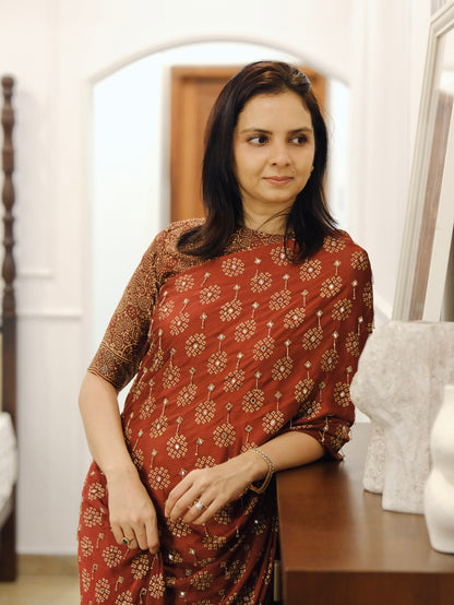 Ajrakh pure modal silk hand dyed, hand block printed and handworked saree
