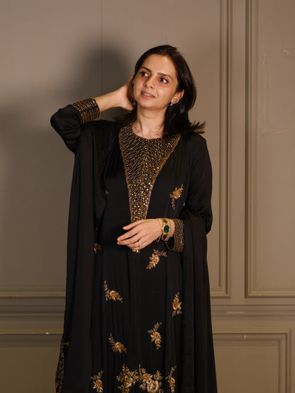 Ajrakh hand dyed hand block printed modal silk panel cut salwar set with cut bead handwork