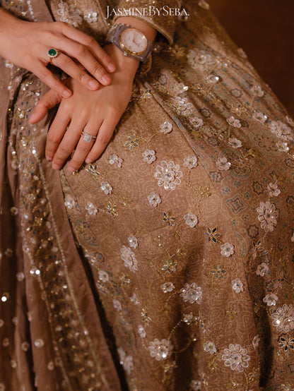 Custom made Ajrakh handcrafted handloom Tusshar silk bridal anarkali set with pure handloom gajji silk dupatta detailed out with hand embroidry