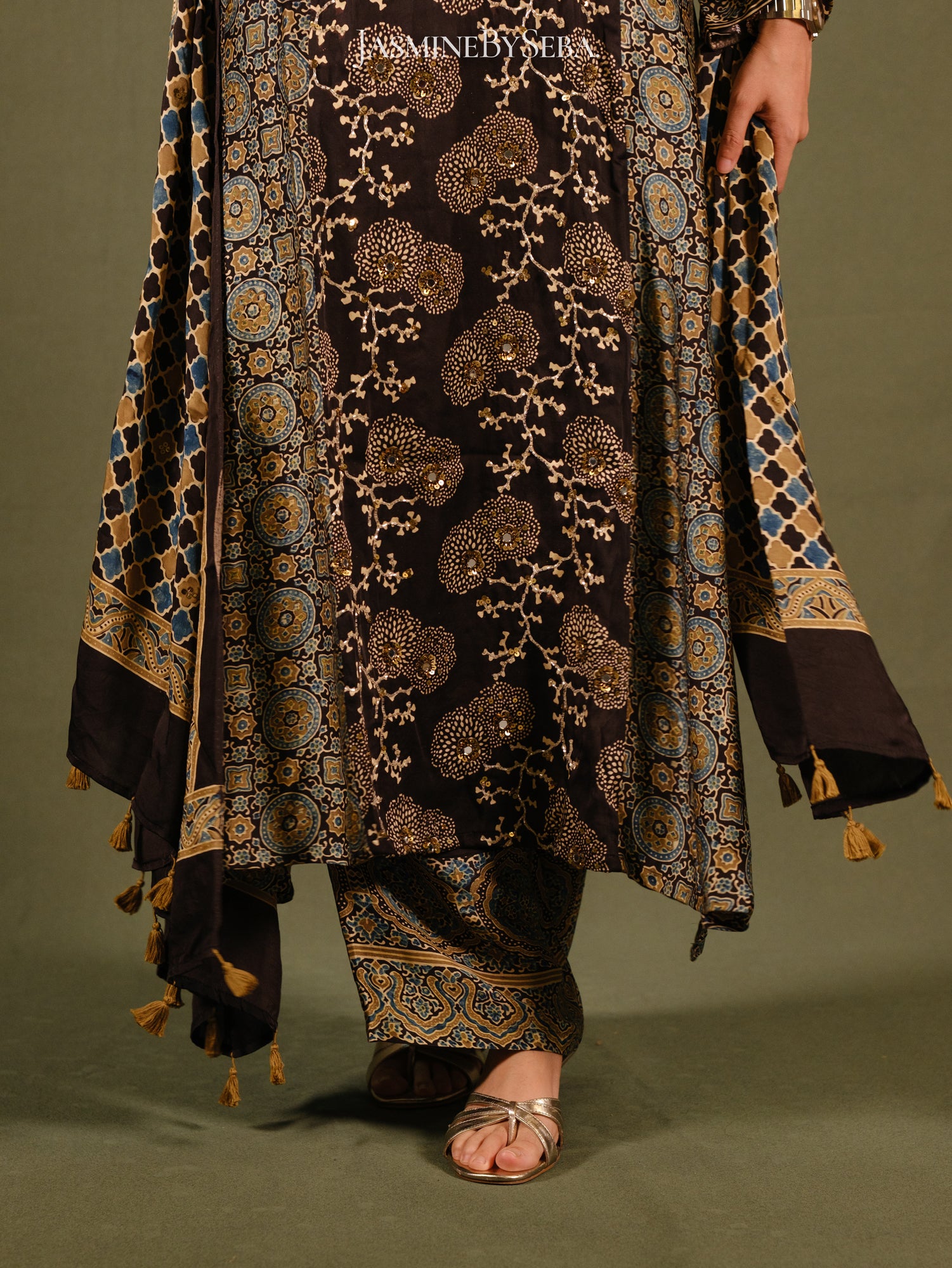 Ajrakh hand dyed hand block printed modal silk panel cut salwar set with cut bead handwork