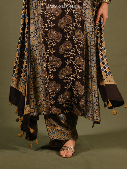 Ajrakh hand dyed hand block printed modal silk panel cut salwar set with cut bead handwork