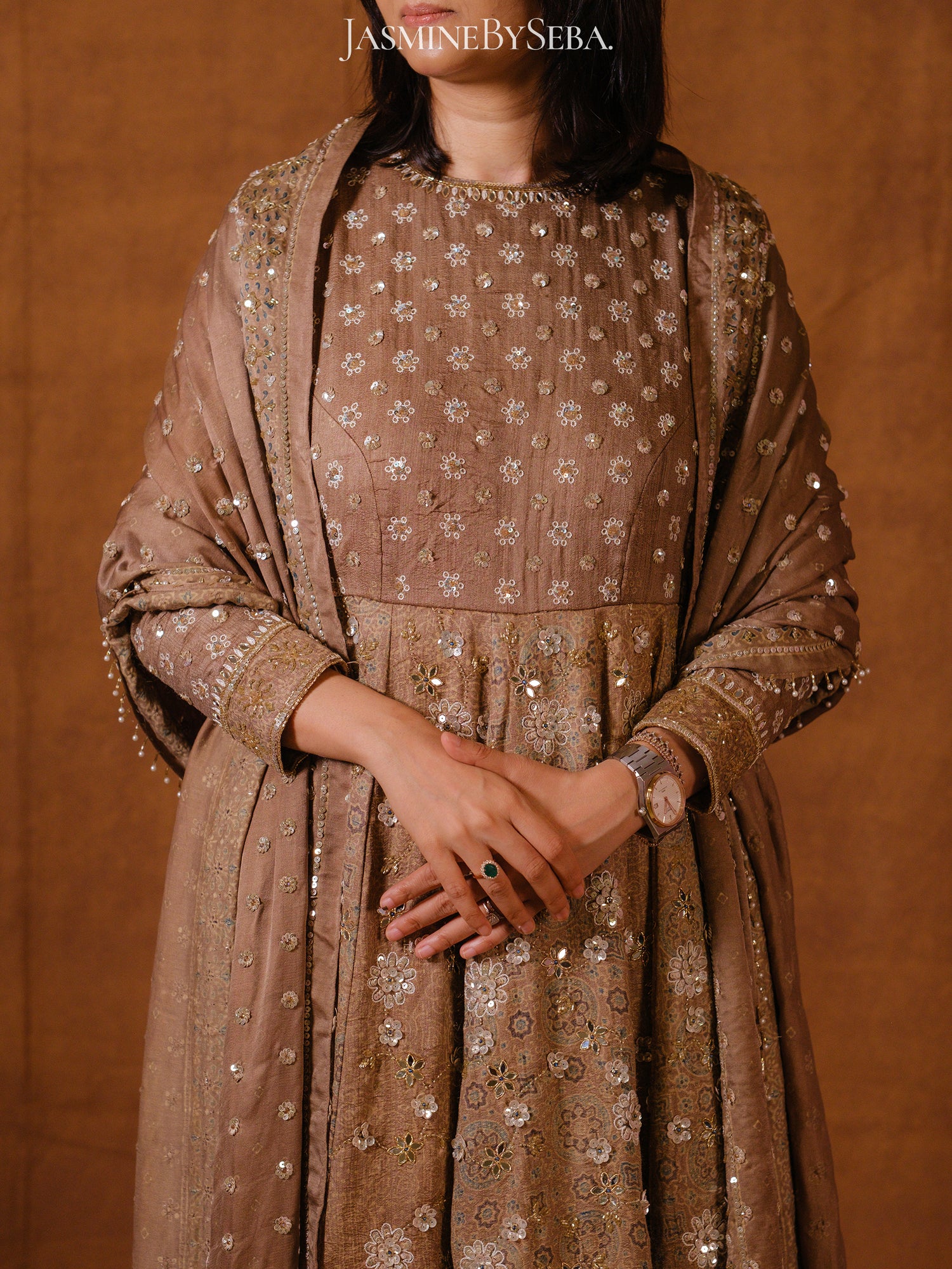 Custom made Ajrakh handcrafted handloom Tusshar silk bridal anarkali set with pure handloom gajji silk dupatta detailed out with hand embroidry