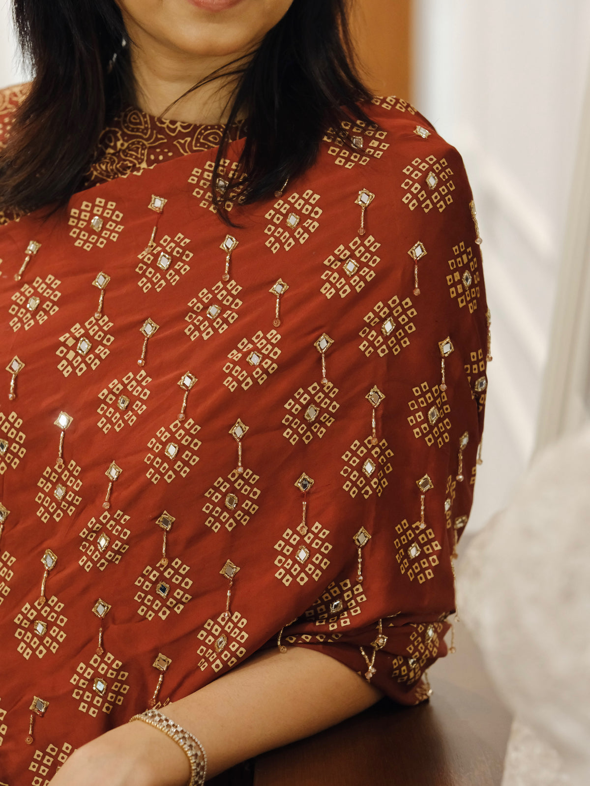 Ajrakh pure modal silk hand dyed, hand block printed and handworked saree