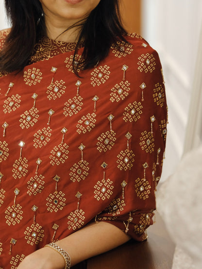 Ajrakh pure modal silk hand dyed, hand block printed and handworked saree