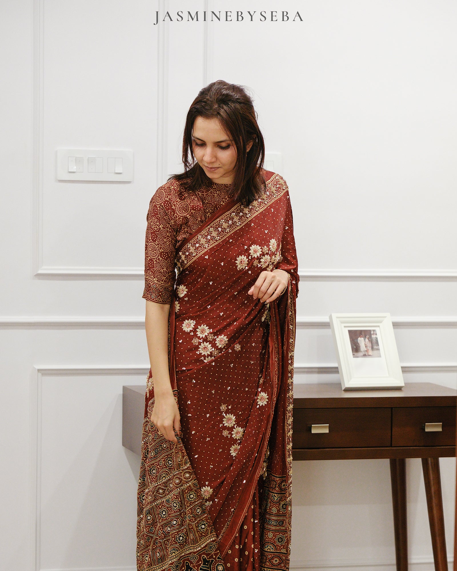 Ajrakh pure modal silk hand dyed, hand block printed and handworked saree