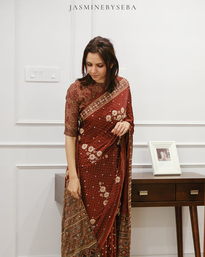 Ajrakh pure modal silk hand dyed, hand block printed and handworked saree