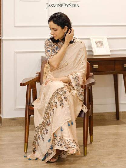 Bespoke ‘Jasmine’ hand printed 
Ajrakh pure modal silk hand dyed, hand block printed and handworked saree
