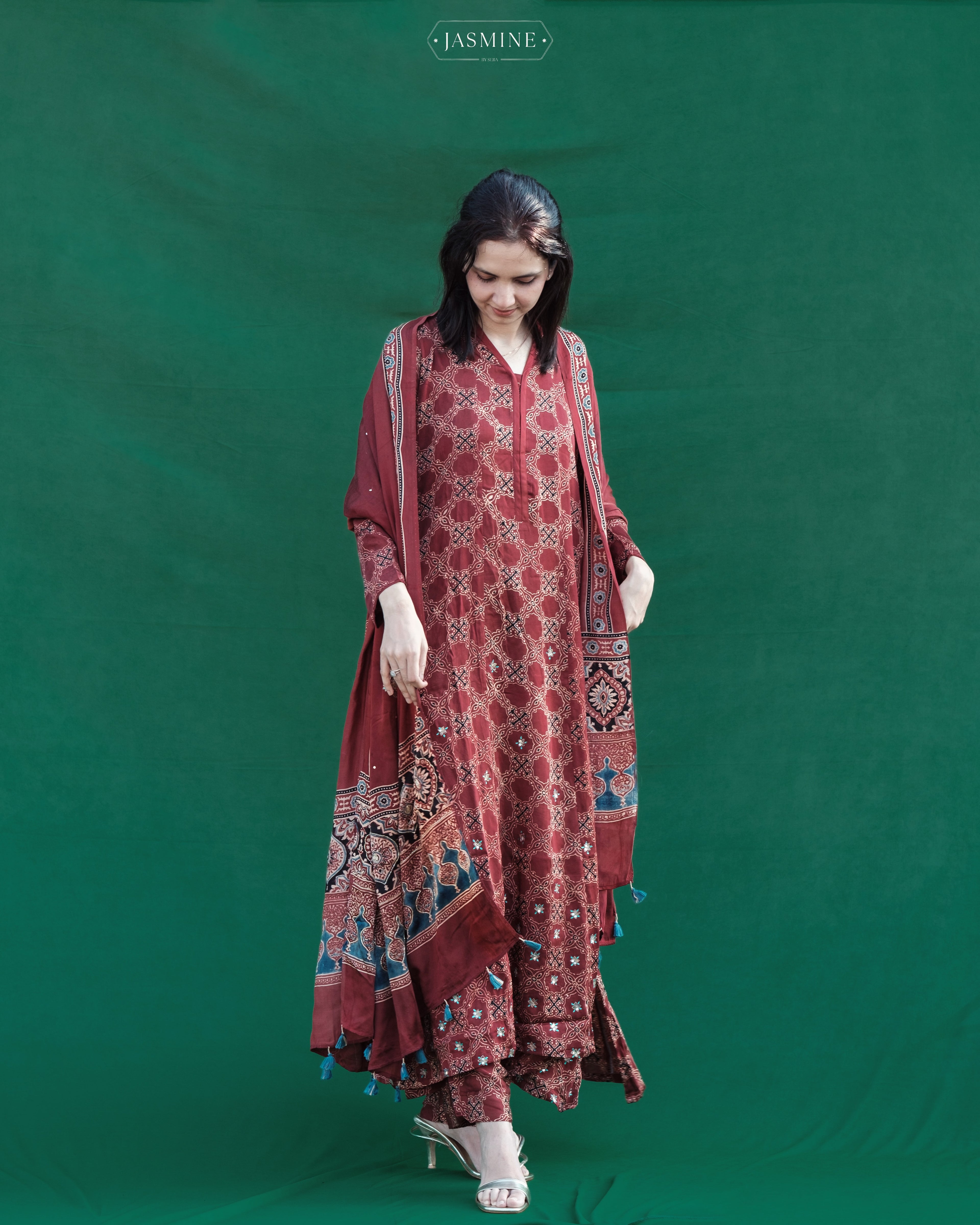 Ajrakh hand block printed modal silk A line salwar set with zardosi handwork